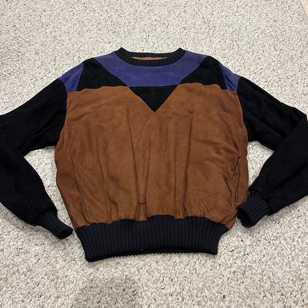 Bally of Switzerland 100% Suede Leather Colorblock Sweatshirt Sz XL Western